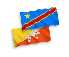 National vector fabric wave flags of Kingdom of Bhutan and Democratic Republic of the Congo isolated on white background. 1 to 2 proportion.
