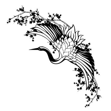 recommend clip art: blooming sakura branches and japanese crane flying with spread wings - elegant asian bird black and white vector design