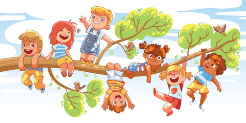 Children hung on a tree branch on sunny day. Colorful cartoon characters