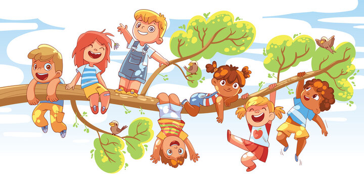 Children hung on a tree branch on sunny day. Colorful cartoon characters