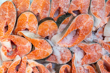 Fresh salmon steaks. Selling seafood in a supermarket.