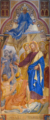 Fresco of Jesus healing an invalid at the pool of Bethesda during a Sabbath (John 5:5). Votivkirche – Votive Church, Vienna, Austria. 2020-07-29