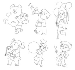 Kids in kindergarten play with their favorite toys. Coloring book