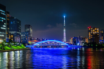 Obraz premium 東京都、隅田川に架かる永代橋のライトアップと街並み