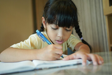Asian student child girl writing on the paper book. Asian genius student doing a homework at home. education , study and learning concept.