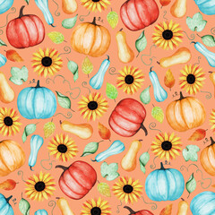 Hand drawn seamless pattern of different sizes, types and colors pumpkins, sunflowers, leaves. Decorative autumn watercolor illustration for design card, invitation, wallpaper, wrapping paper, fabric