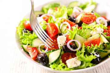 vegetable salad with tomato, cucumber and basil