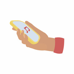 Hand hold phone with music icon Flat vector icon illustration on white background