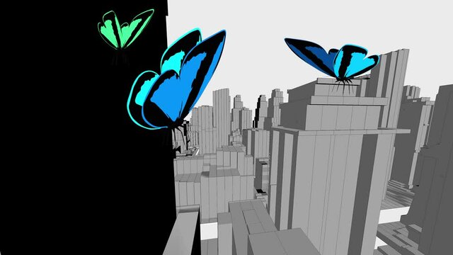 3d animation, some butterflies flying above the city (cartoons)