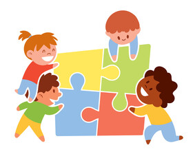 Children of different nationalities put together one puzzle