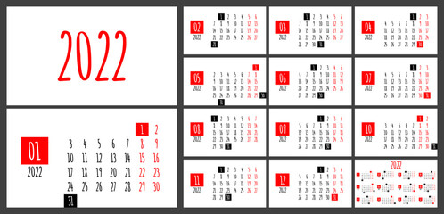2022 full year monthly office planner or wall calendar horizontal grid layout, monday first, two weekends, each month on separated page, ready for print