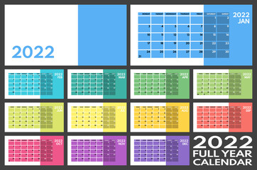 2022 full year monthly office planner or wall calendar horizontal grid layout, monday first, two weekends, each month on separated page, ready for print