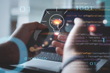 AI, Artificial Intelligence, digital software technology development. Man computer programmer using mobile app and laptop computer with computer code on virtual screen