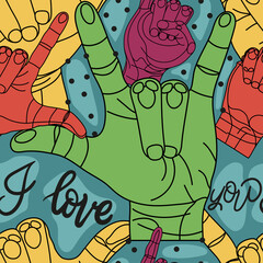 A bright color pattern from the American sign language with lettering I love you.