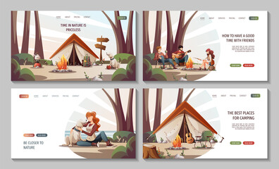 Set of web pages with people sitting in the campsite in nature. Summertime camping, traveling, trip, hiking, camper, nature, journey concept. Vector illustration for poster, banner, website. - obrazy, fototapety, plakaty