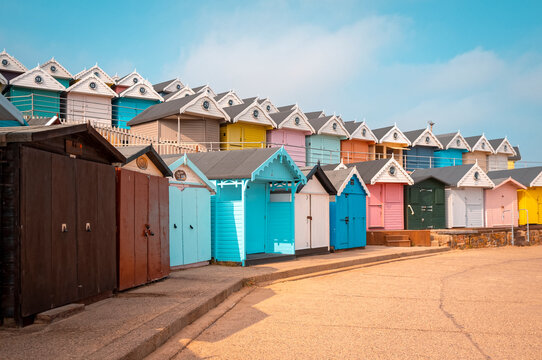 Row of Closed Beach Huts, Walton Pier, Walton-on-the-Naze, Essex, England