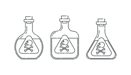 Three form bottle poison with skull in profile for concept design. Dangerous container. Potion beverage medical concept. Chemistry addiction icon. Danger symbol. Isolated flat illustration.