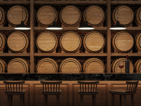 Counter to sit and drink wine 3d render made of wood, with a black marble top, dark atmosphere with a wooden wine rack in the background.