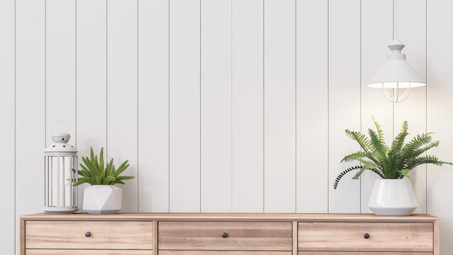 Minimal style white plank empty wall decorate with small plant pot 3d render,Decorate with wood cabinet