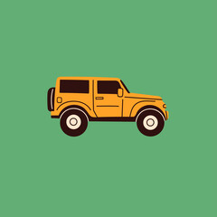 Yellow SUV. Side view. Colored isolated Icon. Logo, print template. Automobile, off road Vehicle, motor transport concept. Cartoon style. Hand drawn trendy Vector illustration