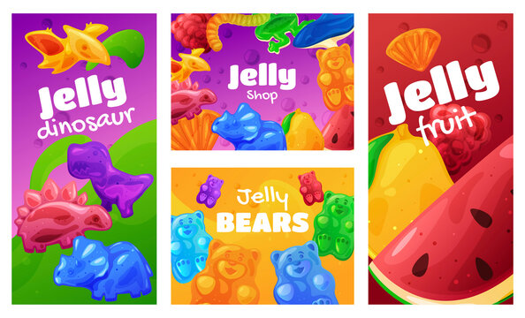 Collection of jelly shop vertical poster and horizontal banner vector flat illustration gummy sweets