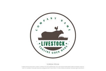 Vintage Retro Angus Cow Bull with Rooster Cock for Cattle Livestock Farm Ranch Label Logo Design Vector