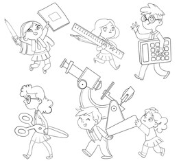 Little children holding big school stationery. Coloring book
