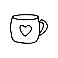 Single hand drawn cup of coffee, cappuccino, chocolate, cocoa, americano or tea. Doodle vector illustration. Isolated on a white background.