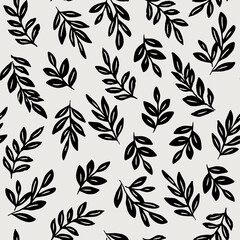Seamless winter botanical floral pattern with branches and leaves. Modern monochrome hand-drawn vector background.