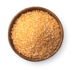 light yellow sanding sugar in the wooden bowl, isolated on white background, top view