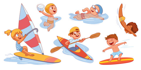 Water sports with children. ( Surfing. Swimming. Sailing. Diving )