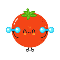 Cute funny tomato with dumbbells. Vector hand drawn cartoon kawaii character illustration icon. Isolated on white background. Tomato gym concept