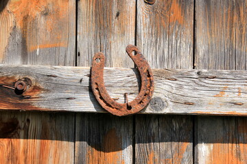 Steel horseshoe on wooden plank background. Old Rusty horseshoes on a wooden wall