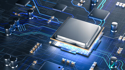 CPU Central Computer Processors with Circuit board concept. AI, mobile processor. 3d render illustration