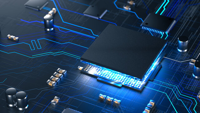 CPU Central Computer Processors with Circuit board concept. AI, mobile processor. 3d render illustration