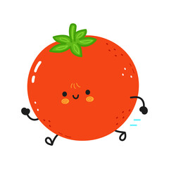 Cute funny running tomato. Vector hand drawn cartoon kawaii character illustration icon. Isolated on white background. Running tomato concept