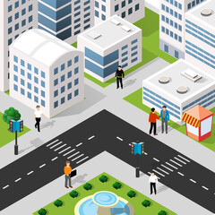Lifestyle illustration of the city block with people, houses and streets