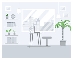 Student room banner with computer, table, window, plants and books at home in light color. Vector illustration in flat style