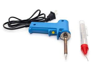 Blue soldering iron and solder wire for repairing welding and electronics are placed on a white background.
