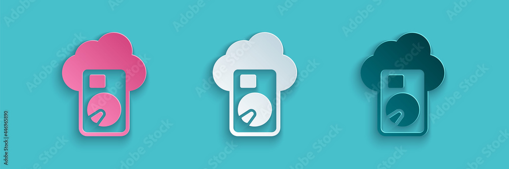 Poster paper cut cloud database icon isolated on blue background. cloud computing concept. digital service 