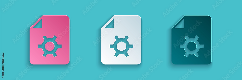 Poster paper cut document settings with gears icon isolated on blue background. software update, transfer p