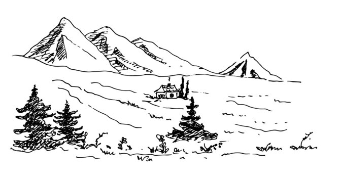 Landscape with mountains, fir trees and chalets. Vector illustration. Sketch.