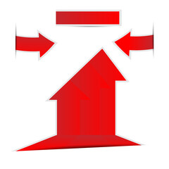 Red paper arrow sticker with shadow on white background