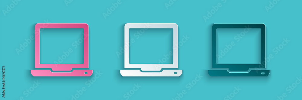 Poster paper cut laptop icon isolated on blue background. computer notebook with empty screen sign. paper a