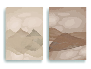 Poster with watercolor in neutral colors . Mountain landscape in Boho style  . Trendy brochure . Vector illustration .