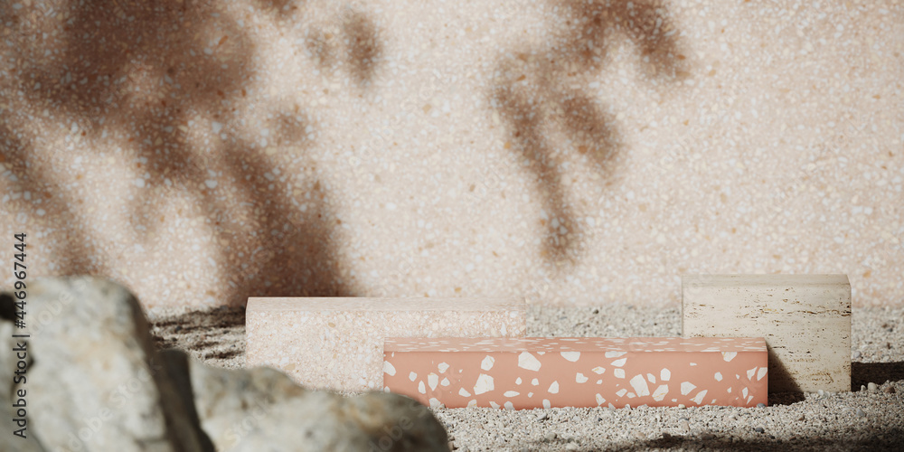 Poster summer mockup concept for product presentation. terrazzo podium and pebble on pink terrazzo backgrou