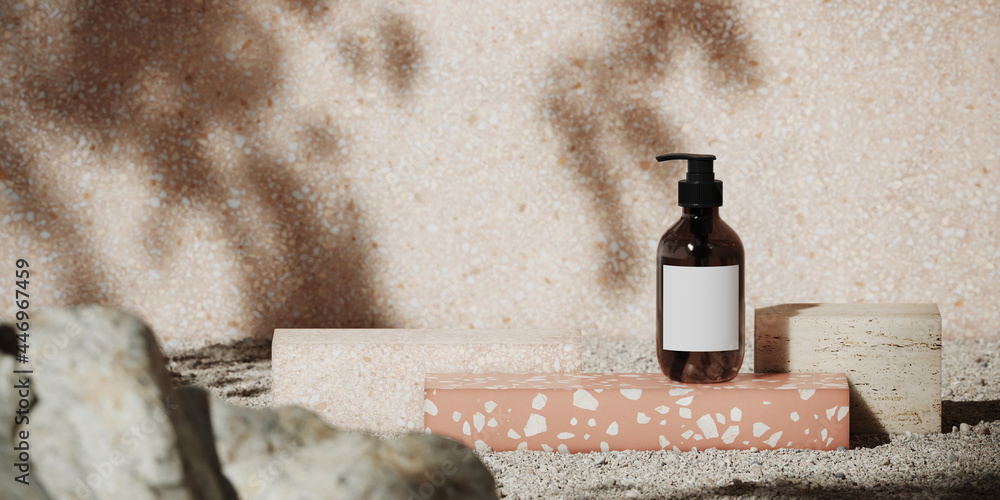 Poster summer mockup concept for product presentation. terrazzo podium and pebble on pink terrazzo backgrou