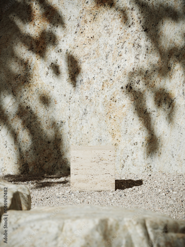 Poster Summer mockup concept for product presentation. Travertine podium and pebble on stone background. Clipping path of each element included. 3d rendering illustration. 