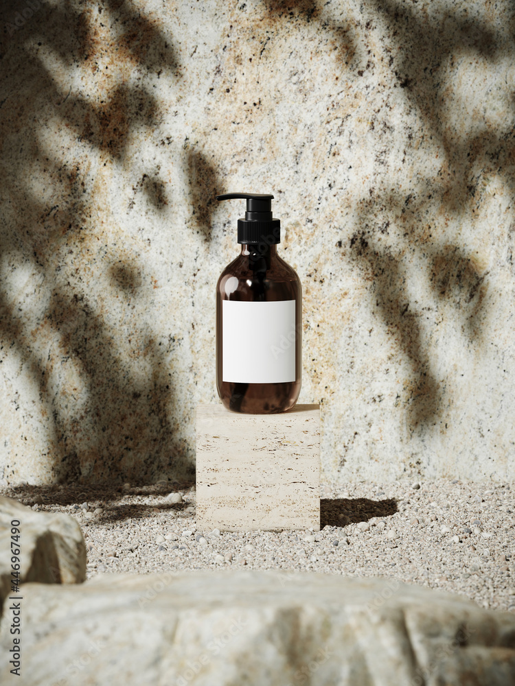 Poster summer mockup concept for product presentation. travertine podium and pebble on stone background. cl