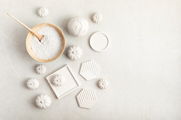 Handmade craft gypsum objects for interior decoration. Artisan, small business, diy, hobby idea